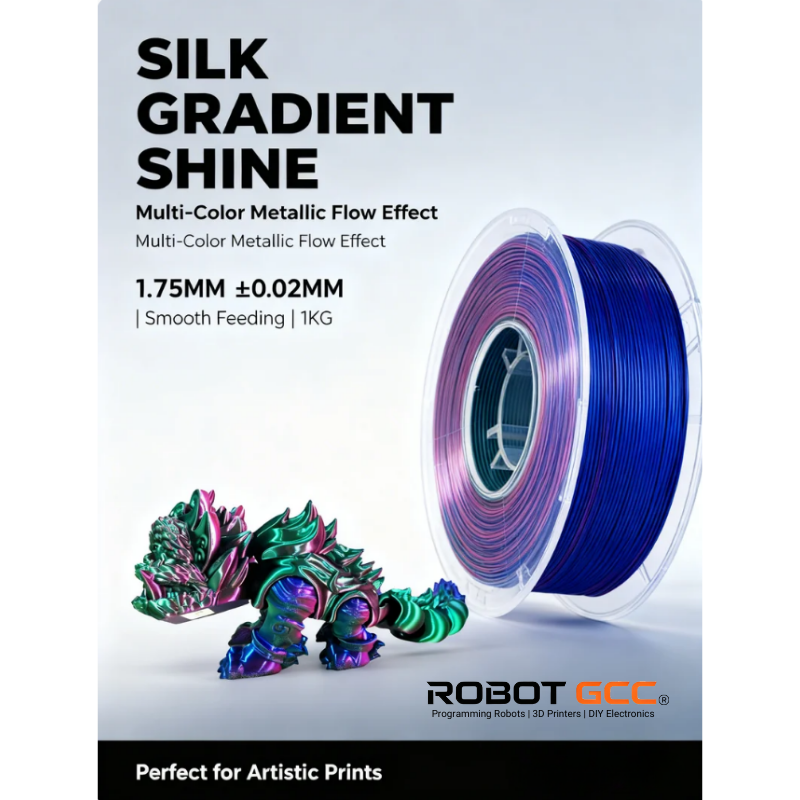 Spool of silk gradient shine filament with a metallic flow effect, featuring the brand 'Robot GCC'.