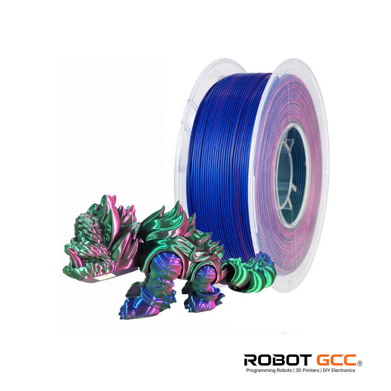 Spool of blue and pink filament with a colorful dragon-like figure on a white background, featuring the brand 'Robot GCC'.