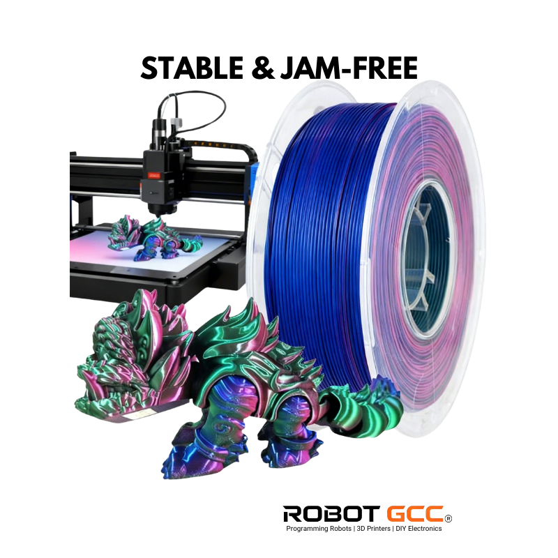 3D printer with colorful printed object and spool of filament, featuring 'Robot GCC' branding.