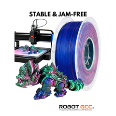 3D printer with colorful printed object and spool of filament, featuring 'Robot GCC' branding.
