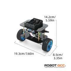 Small robot chassis with dimensions labeled on a white background, featuring the ROBOT GCC logo.