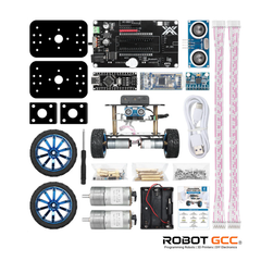 Robotics kit with components and accessories on a white background, featuring the ROBOT GCC logo.