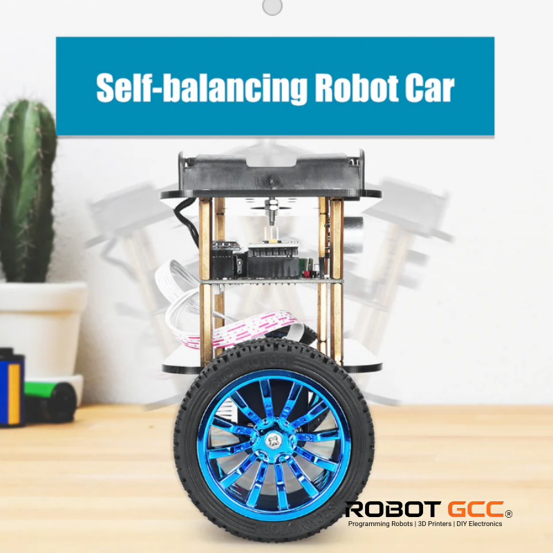 Self-balancing robot car with blue wheels on a wooden surface, featuring the ROBOT GCC logo.
