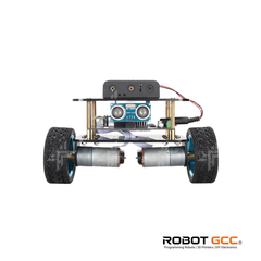 Robot chassis with wheels and electronic components on a white background, featuring the ROBOT GCC logo.