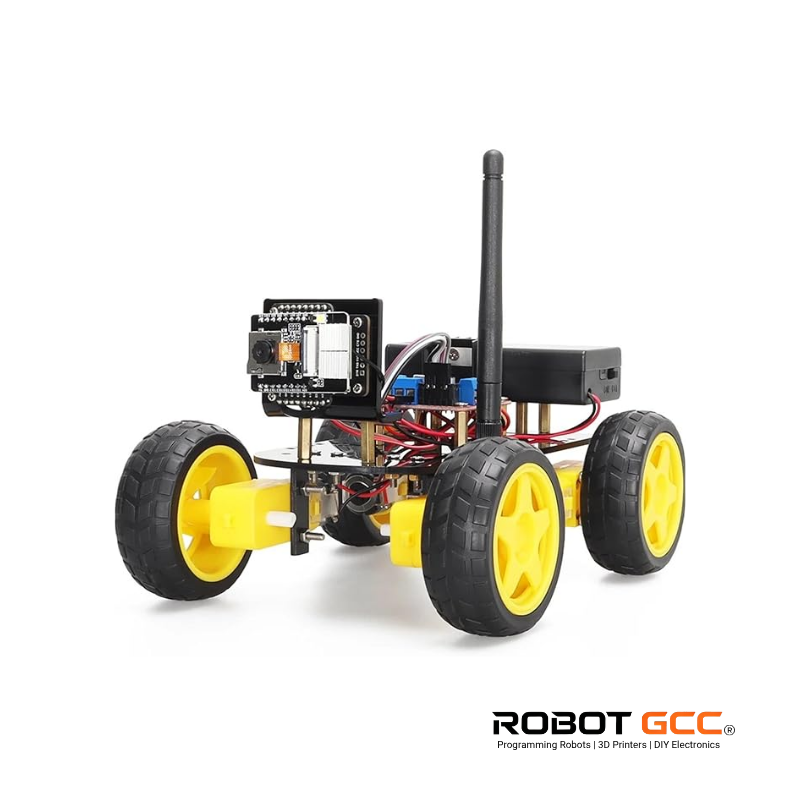 Robot chassis with yellow wheels on a white background, featuring the Robot GCC logo.