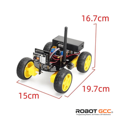 Small robot with yellow wheels and black frame, shown with dimensions on a white background.