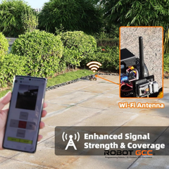 Smartphone with app interface, Wi-Fi antenna illustration, and 'Enhanced Signal Strength & Coverage' text on a garden background.