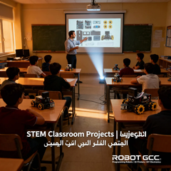 Classroom with students and teacher engaged in STEM activities, with a projector screen displaying educational content.