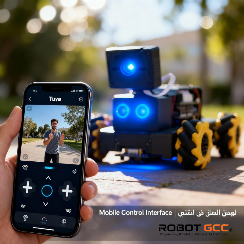 Hand holding a smartphone with a mobile control interface app, displaying a robot with blue lights in the background.