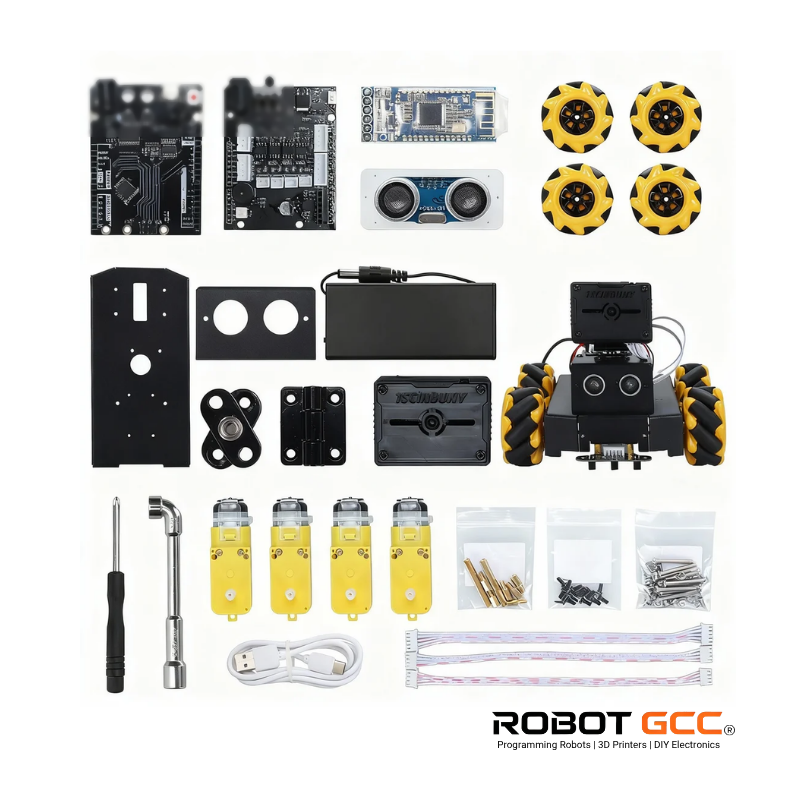 Collection of electronic components and a small robot model on a white background with 'Robot GCC' branding.