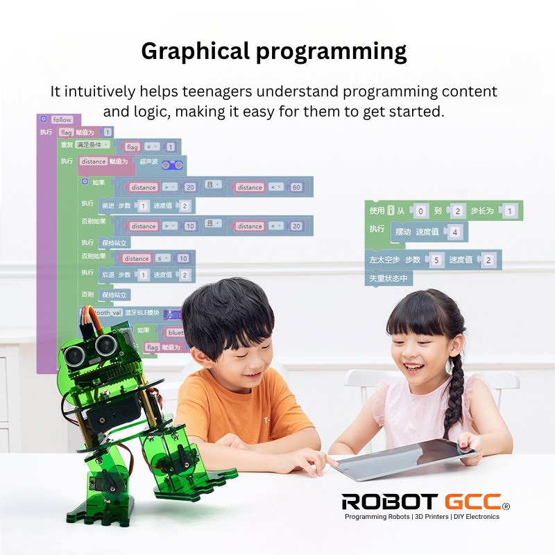 Two children sitting at a table with a robot and tablet, surrounded by programming blocks and text about graphical programming.