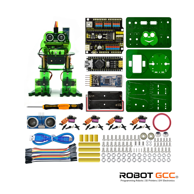 Robotic kit components including a robot model, electronic parts, and tools on a white background with Robot GCC branding.