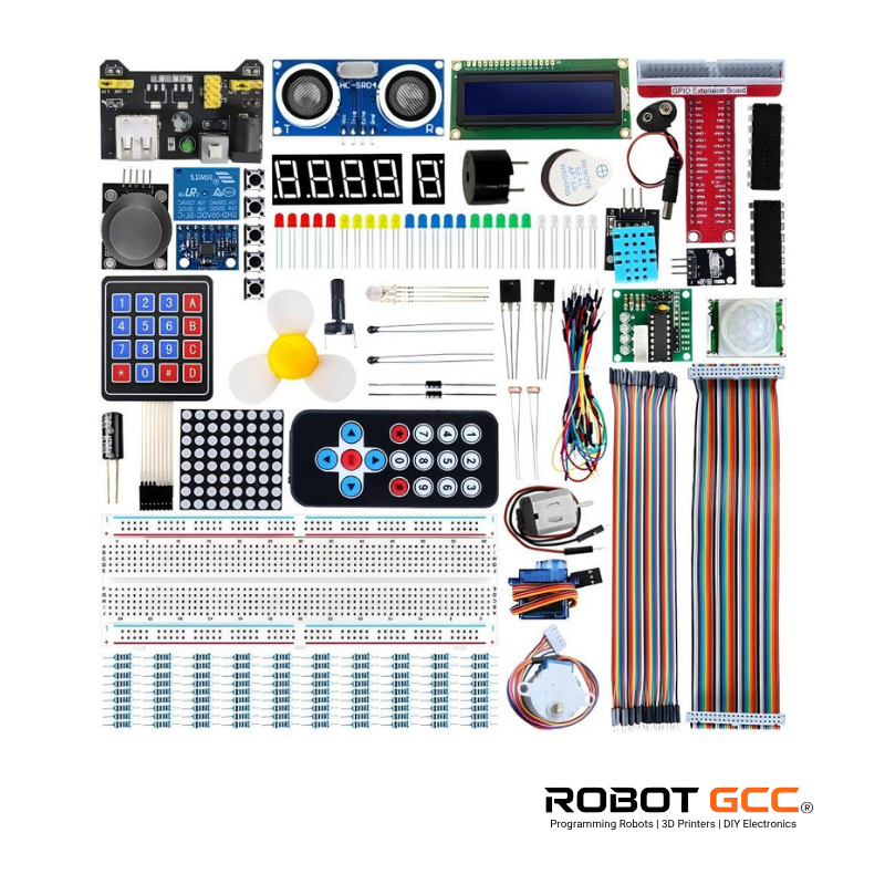Collection of electronic components and modules on a white background with 'Robot GCC' branding.