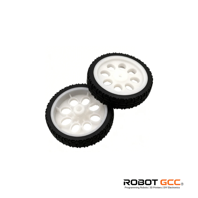 Two black and white wheels on a white background with ROBOT GCC logo.