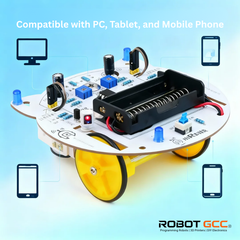 Robotic vehicle kit with wheels and electronic components on a blue background, featuring the ROBOT GCC logo.