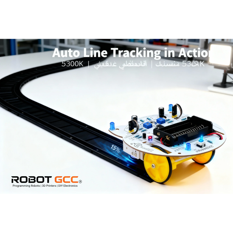 Robotics kit with wheels on a track, featuring 'Robot GCC' branding.