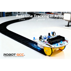 Robotics kit with wheels on a track, featuring 'Robot GCC' branding.