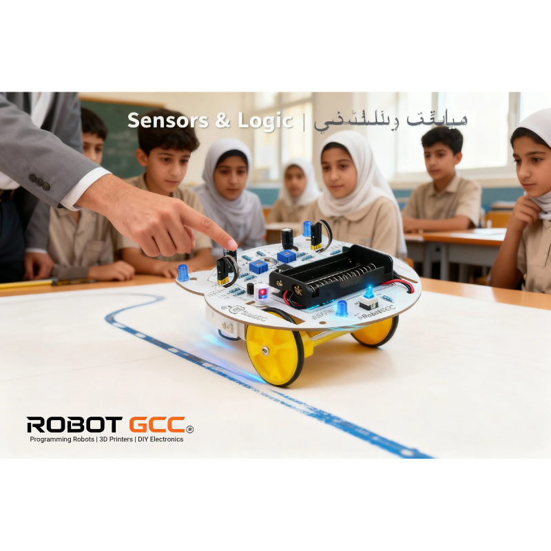 Children in a classroom with a robot on a table, pointing at it, with 'Robot GCC' branding.