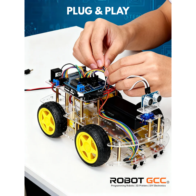 Robotics kit with 'Plug & Play' text and ROBOT GCC branding.