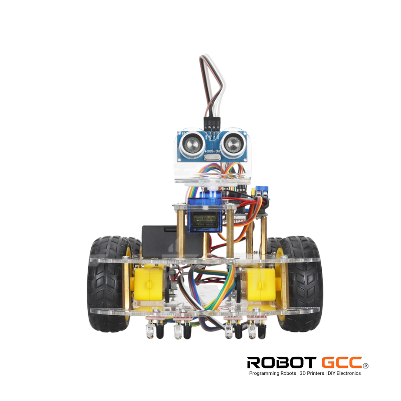Robotic chassis with electronic components on a white background, featuring the brand 'Robot GCC'.