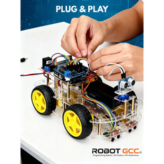 Robotics kit with 'Plug & Play' text and ROBOT GCC branding.
