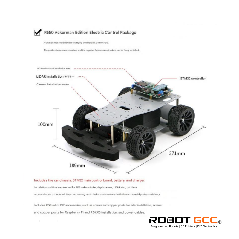 Robot chassis with labeled components and dimensions on a white background, featuring the Robot GCC logo.