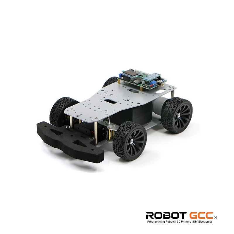 Robot chassis with electronic components on a white background, featuring the ROBOT GCC logo.