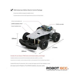 Robot chassis with labeled components and dimensions on a white background, featuring the Robot GCC logo.
