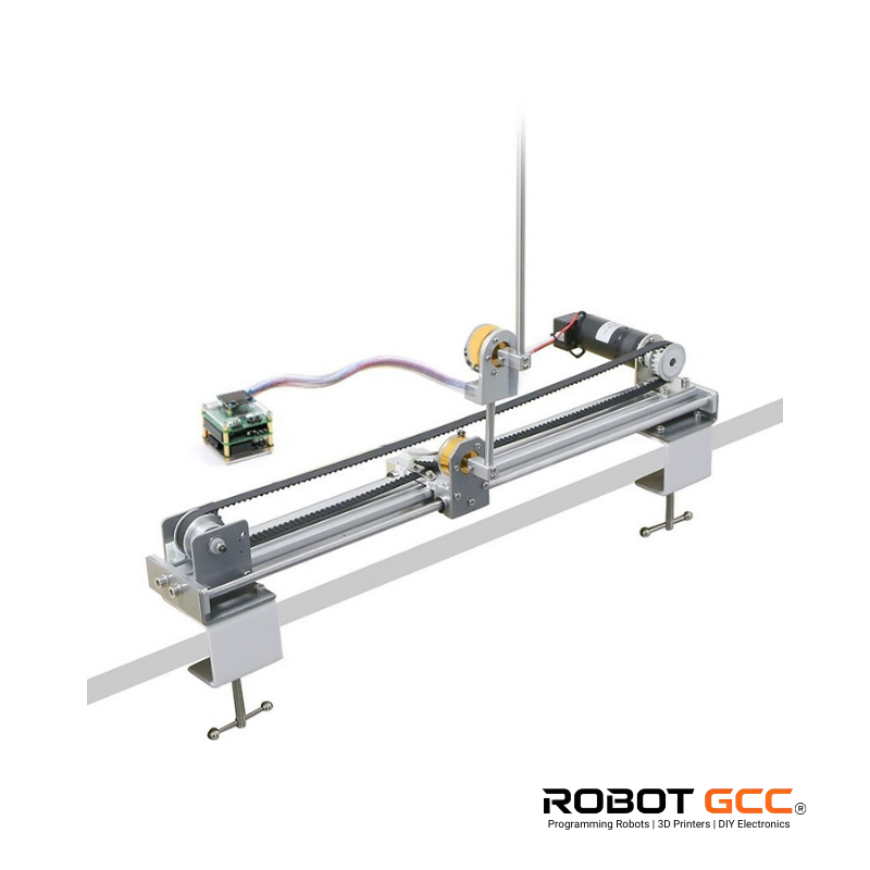 Mechanical robotic arm with components on a white background, featuring the ROBOT GCC logo.