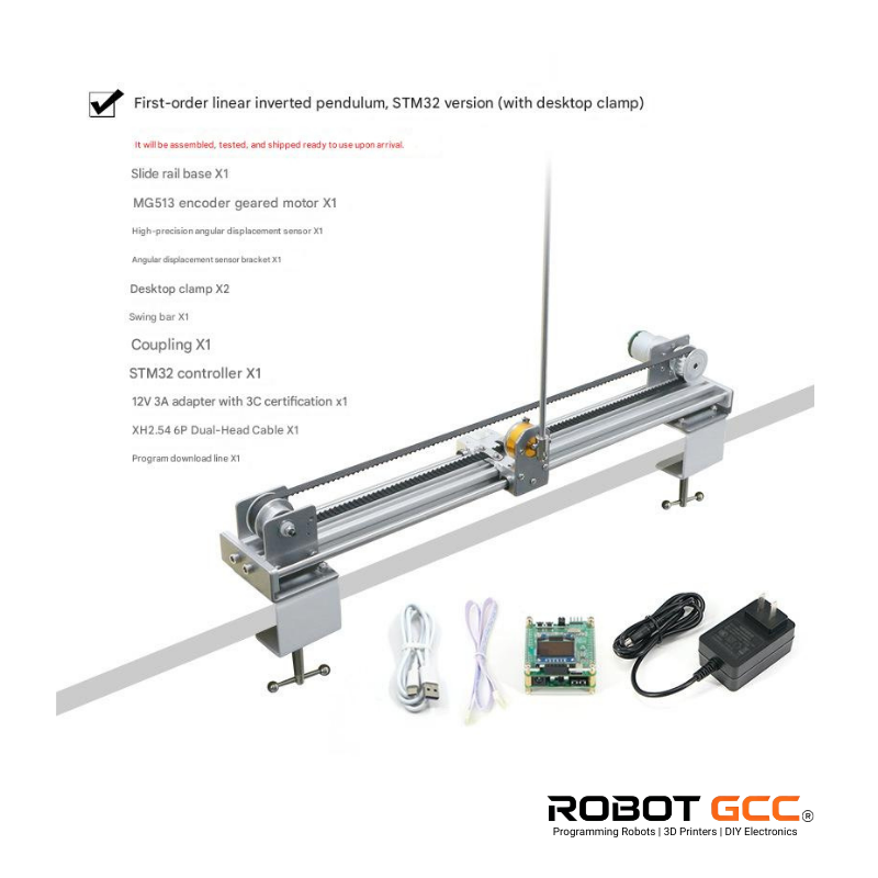 Robotics kit with linear pendulum, STM32 controller, and accessories on a white background