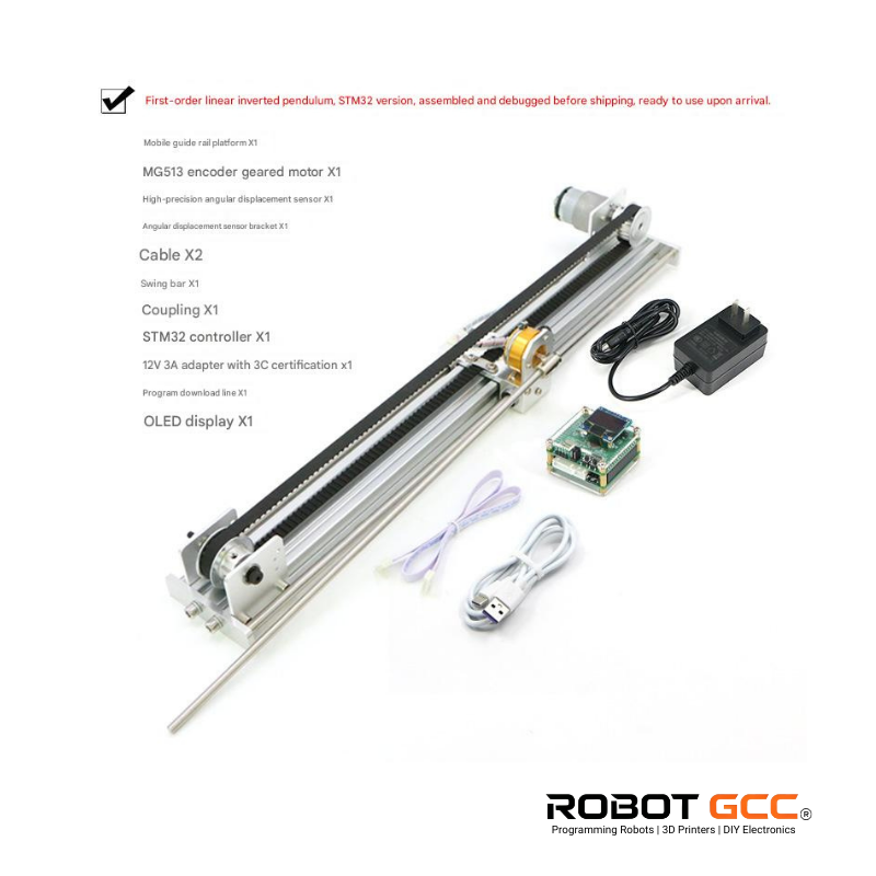 Robotics components including a linear actuator, encoder, and control board on a white background with Robot GCC branding.