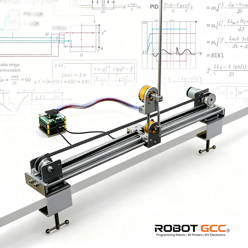 Mechanical robotic arm with electronic components on a white background with technical drawings and equations.