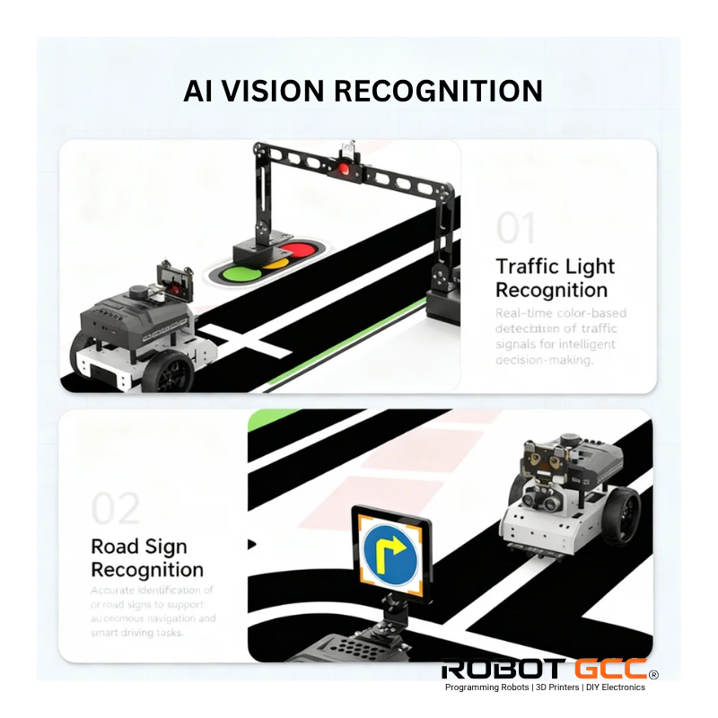 Robotic setup with traffic light and road sign recognition capabilities on a white background.