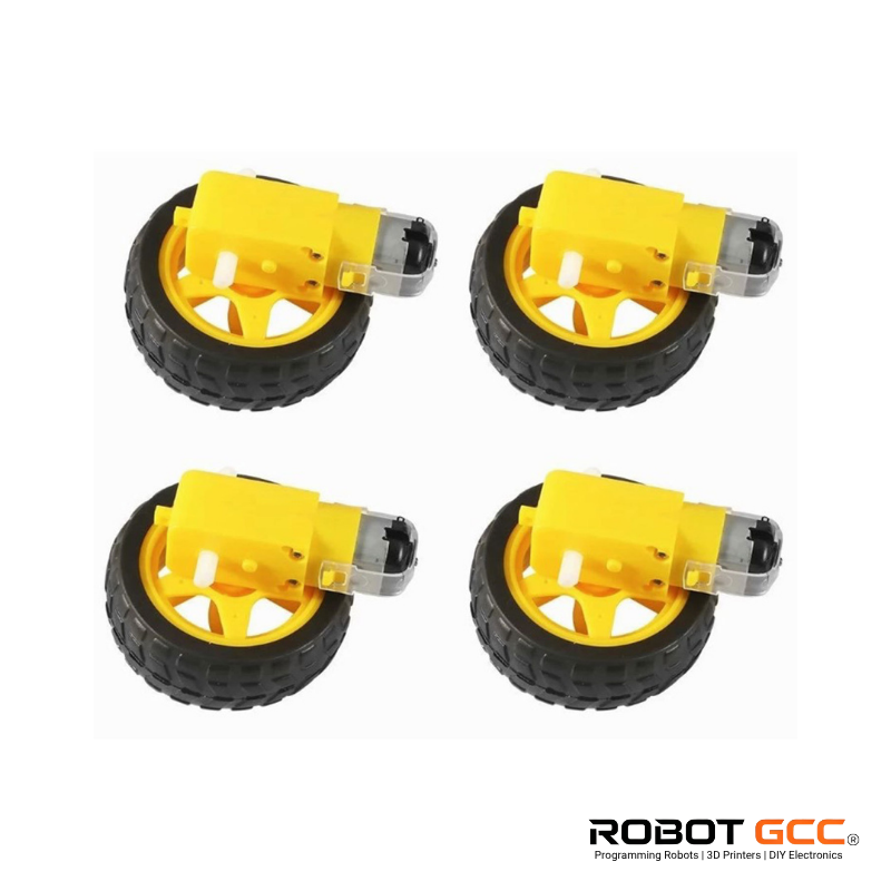 Four yellow and black wheels on a white background with ROBOT GCC branding.