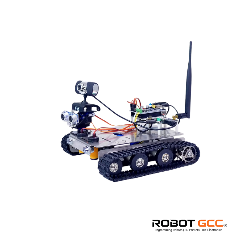 Robotic chassis with wheels and electronic components on a white background, featuring the Robot GCC logo.