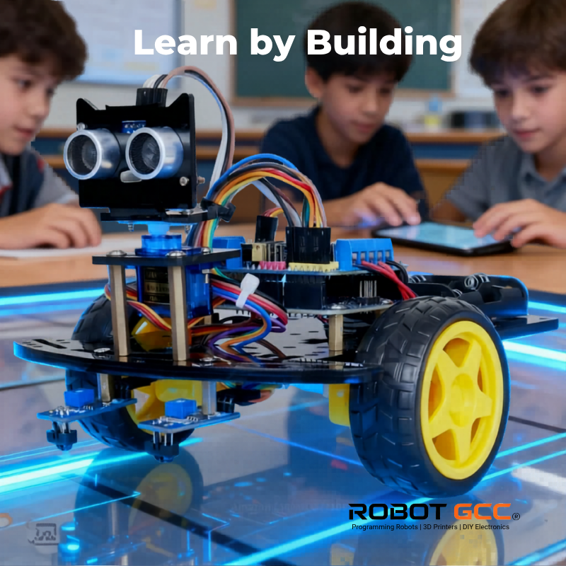Children building a robot with colorful wires and wheels in a classroom setting, featuring the brand 'RobotGCC'.