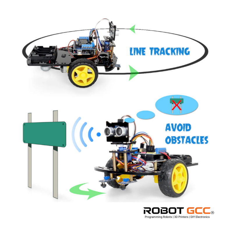 Robotic vehicle with line tracking and obstacle avoidance features on a white background, featuring the brand 'Robot GCC'.