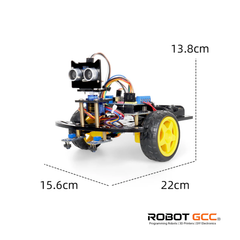Robotic vehicle with dimensions labeled on a white background, featuring the Robot GCC logo.