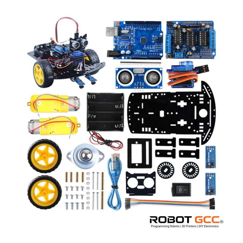 Collection of electronic components and a robot chassis on a white background with 'Robot GCC' branding.