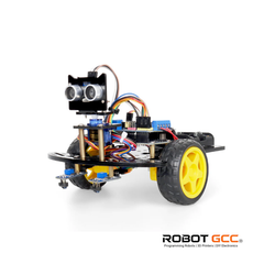 Robot chassis with wheels and electronic components on a white background, featuring the Robot GCC logo.