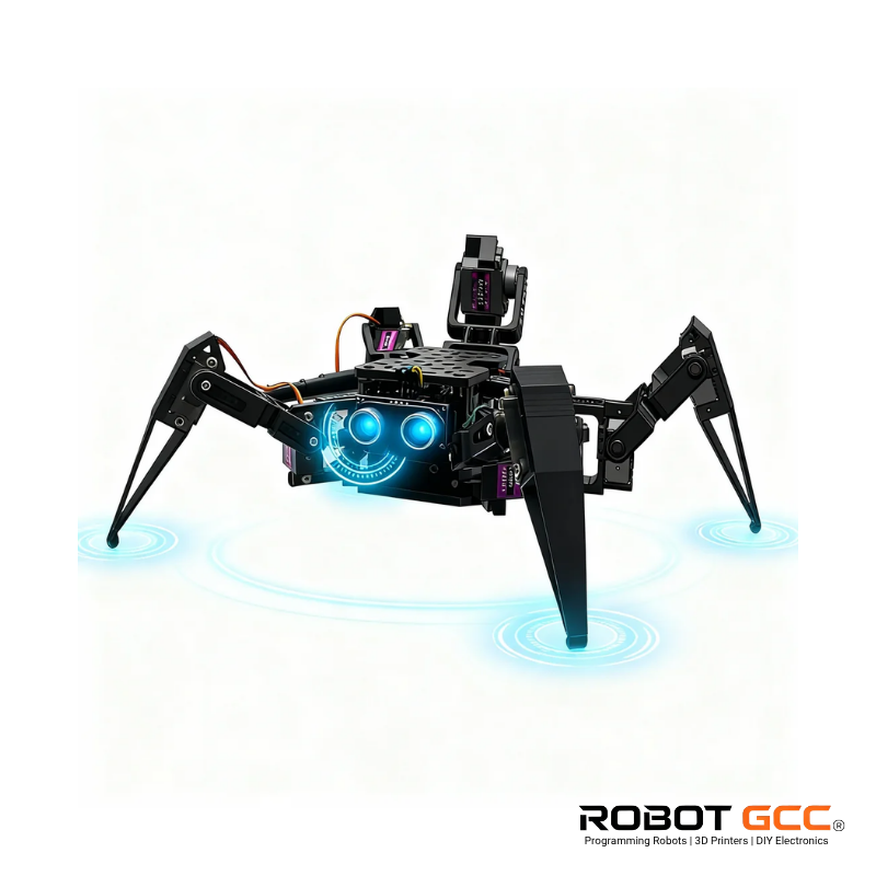 Robotic spider with glowing blue elements on a white background, featuring the ROBOT GCC logo.
