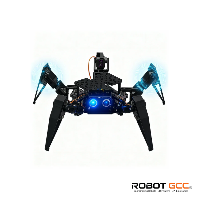 Robotic spider-like device with blue lights on a white background, featuring the brand 'Robot GCC'.