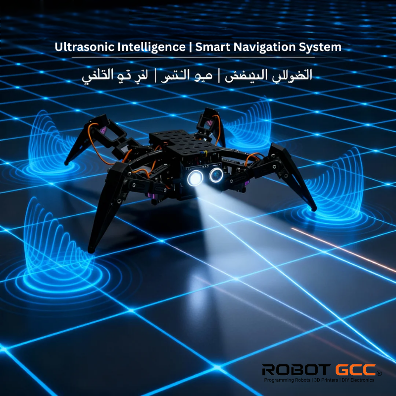 Robotic spider with ultrasonic waves on a grid background, featuring Robot GCC branding.