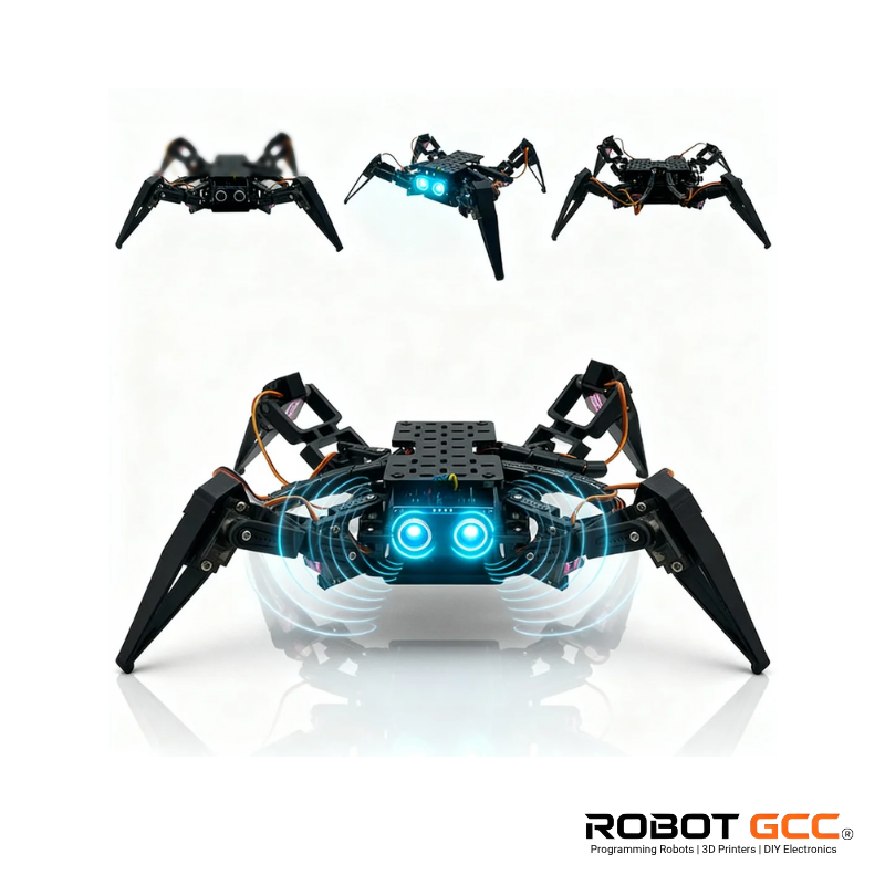 Spider-like robot with glowing blue lights on a white background, featuring the brand 'Robot GCC'.