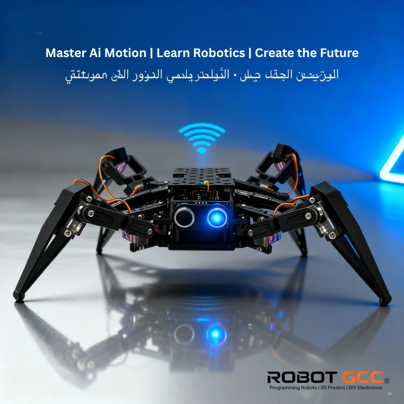 Robotic spider with glowing blue lights on a reflective surface, featuring text about AI motion, robotics, and creating the future.