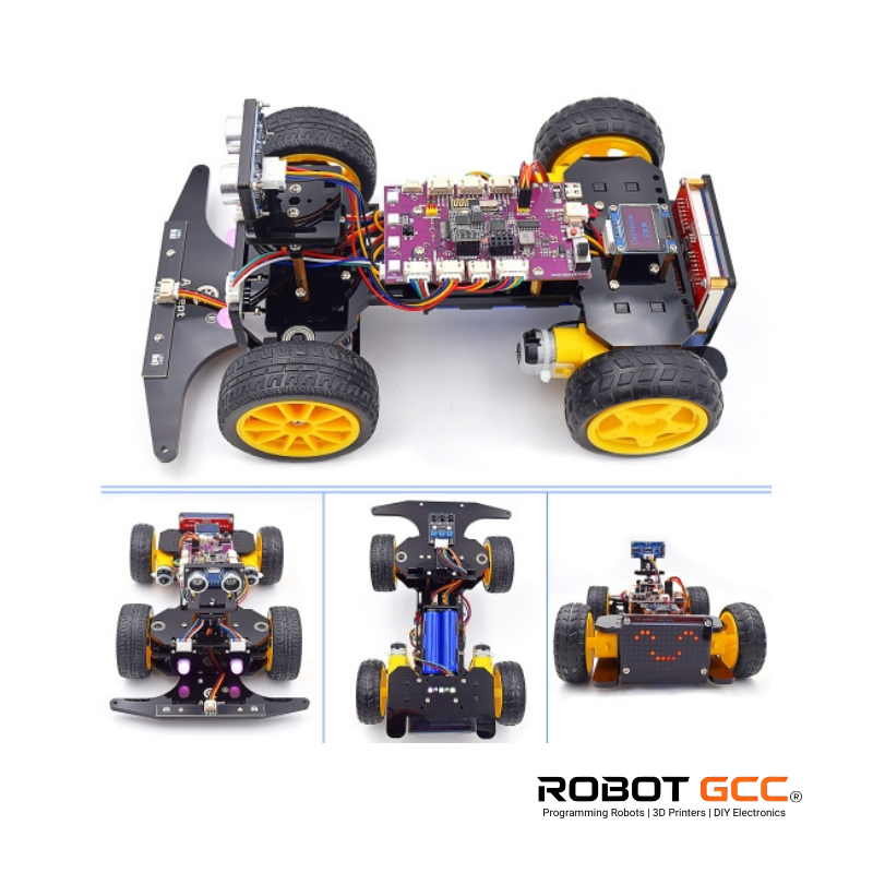 Assembled robot chassis with visible wiring and components on a white background, featuring the Robot GCC logo.