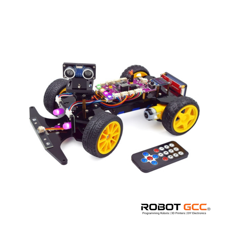 Robot chassis with yellow wheels and remote control on a white background, featuring the Robot GCC logo.