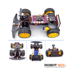 Assembled robot chassis with visible wiring and components on a white background, featuring the Robot GCC logo.