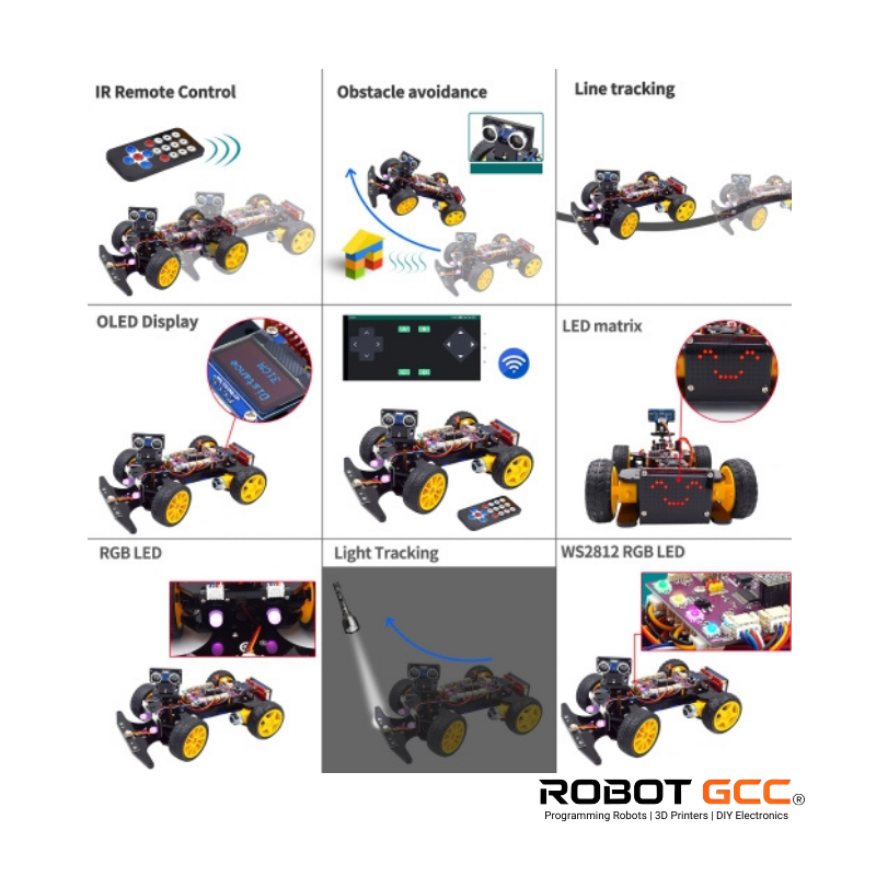 Illustrations of a robot chassis with various functionalities on a white background, featuring the brand 'Robot GCC'.