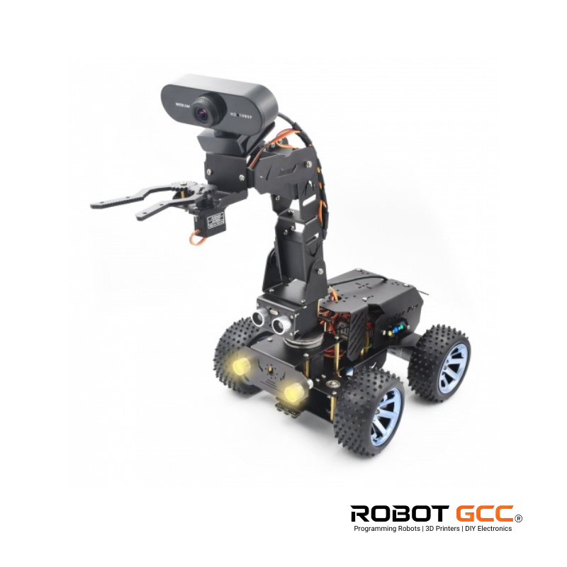 Robotic vehicle with camera on a white background, featuring the Robot GCC logo.